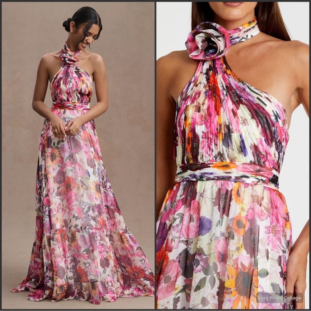 MAC DUGGAL 68108 Multicolor Asymmetrical Ruffled Halter Floral Gown